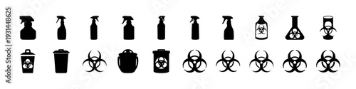 Cleaning Spray and Biohazard Silhouette Icon Set -Black silhouette icon collection featuring cleaning spray bottles, trash bins, biohazard symbols, and sanitation elements for hygiene and safety conce
