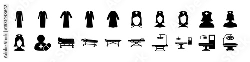 Office Furniture and Seating Silhouette Icon Set - Black silhouette icon collection featuring office chairs, desks, benches, and seating furniture for workplace, interior design, and corporate concept