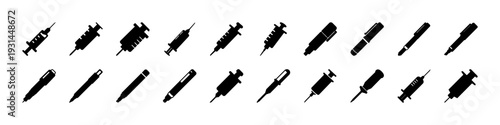Syringe and Injection Silhouette Icon Collection - Black silhouette icon set featuring syringes and medical injection tools in various angles, ideal for healthcare, vaccination, and clinical treatment