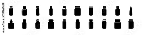 Cosmetic Bottle and Container Silhouette Icon Set - Black silhouette icon collection featuring cosmetic bottles, pump dispensers, and toiletry containers for beauty, skincare, and personal care concep