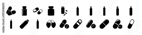 Medical Pills and Pharmaceutical Capsule Icon Set - Black silhouette icon collection featuring various pills, capsules, medicine bottles, and pharmaceutical symbols for healthcare, pharmacy, and treat