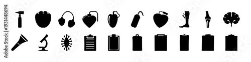 Laboratory Tools and Scientific Equipment Icon Set - Black silhouette icon collection featuring laboratory tools, glassware, safety gear, and scientific equipment for research, chemistry, and educatio
