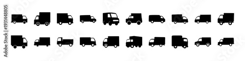 Delivery and Cargo Truck Silhouette Icon Set - Black silhouette collection of delivery and cargo trucks in side view, suitable for logistics, transportation, shipping, and commercial fleet concepts.