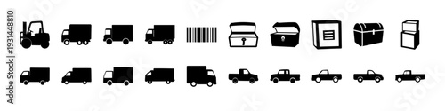 Truck Fleet and Cargo Transport Icon Set - Black silhouette icon collection featuring various trucks, cargo vehicles, containers, and trailers, ideal for logistics, transportation, and freight concept