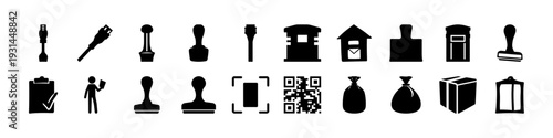 Security, Identification and Official Stamp Icons - Black silhouette icon set featuring stamps, keys, ID badges, houses, padlocks, and security symbols for authentication and official documentation co