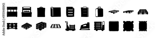 Warehouse Storage and Cargo Container Icons - Black silhouette icon set featuring warehouse buildings, storage units, cargo containers, and industrial facilities for logistics and supply chain concept