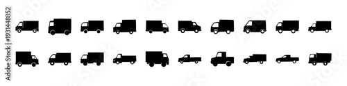 Truck and Commercial Vehicle Silhouette Icons - Black silhouette collection of trucks and commercial vehicles in side view, ideal for transportation, logistics, freight, and delivery concepts.