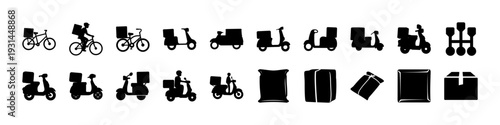 Scooter and Delivery Transport Icon Set - Collection of black scooter, motorcycle, and delivery vehicle icons with luggage and package symbols, ideal for courier and logistics design.