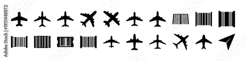 Airplane Silhouettes and Barcode Icon Collection - Set of black airplane silhouettes in various angles with barcode symbols, isolated on white background for travel and logistics concepts.