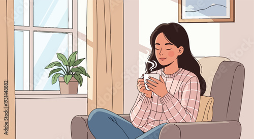 Serene Woman Enjoying a Hot Cup of Coffee or Tea in a Sunlit Living Room
