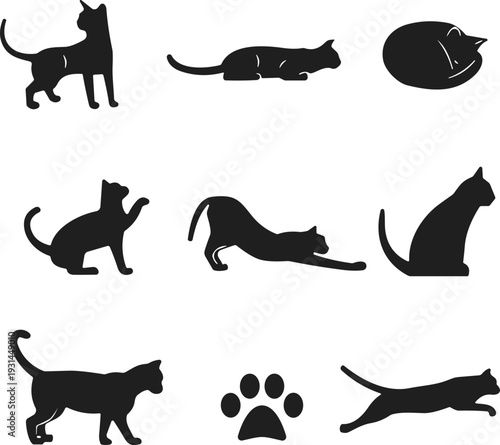 Cat silhouettes collection, feline poses, sleeping curled cat, stretching kitten, sitting cat, jumping feline, paw print icon, pet design, vector illustration
