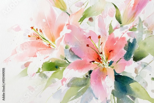  Watercolor pink lily flowers with green leaves botanical illustration on white background