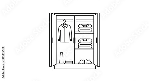 Organized Closet with Clothes and Accessories.