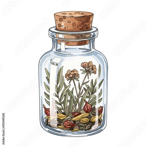 Corked apothecary jar filled with dried herbs and flowers, isolated on a white background, showcasing vintage botanical illustration style