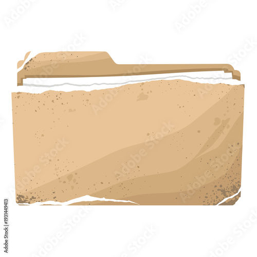 Torn folder with rugged edges isolated on a white background, showcasing a worn and vintage appearance
