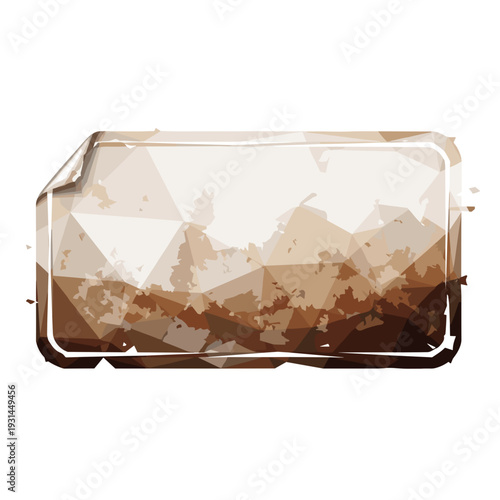 Geometric abstract label with greasy texture, featuring polygonal brown shapes on isolated white background
