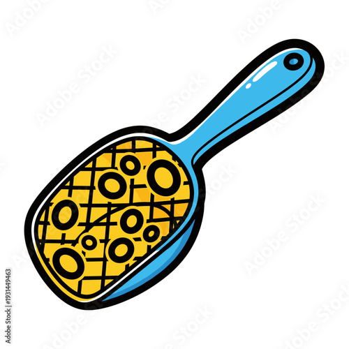 Colorful illustration of a mesh scoop with circular patterns, isolated against a white background, featuring a vibrant blue handle and yellow netting