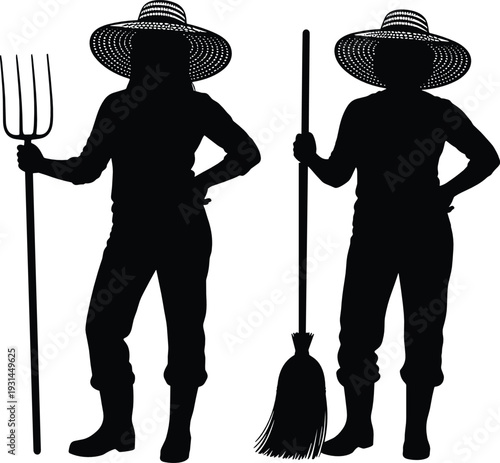 Farmer silhouettes holding pitchfork and broom wearing straw hat isolated on white background agriculture vector illustration