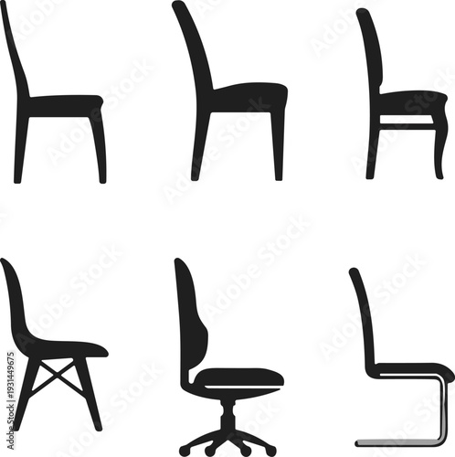 Chair silhouettes collection, traditional wooden seat, modern design, cushioned office chair, cantilever frame, ergonomic furniture, classic style, interior decor, vector illustration