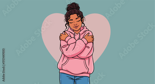 Young Woman Hugging Herself as a Symbol of Self-Love and Mental Wellness