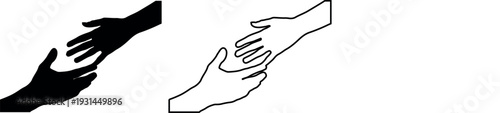 Helping hands reaching support gesture silhouette and outline illustration