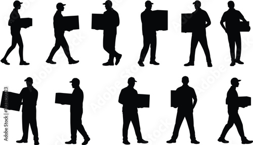 Large Black Silhouette Collection Of Professional Delivery Men And Warehouse Workers Carrying Cardboard Shipping Boxes For Logistics Distribution Freight And Courier Services