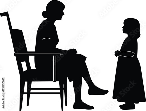 Grandmother sitting on chair talking with little girl silhouette isolated on white background family vector illustration