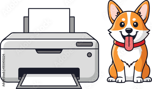 A corgi dog with a red collar and tongue out standing next to a white printer