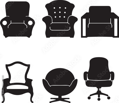 Chair silhouettes collection, armchair design, modern boxy seat, tufted upholstery, ornate traditional chair, swivel round chair, ergonomic office seat, furniture vector illustration