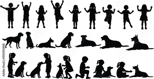 Large collection of children and dog silhouettes in playful poses isolated on white background friendship vector illustration