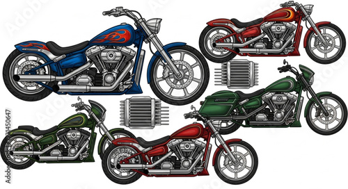 Collection of Five Custom Motorcycles with Detailed Engines.