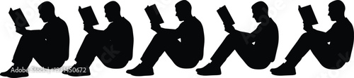 Man reading book silhouette set in seated poses isolated on white background education vector illustration
