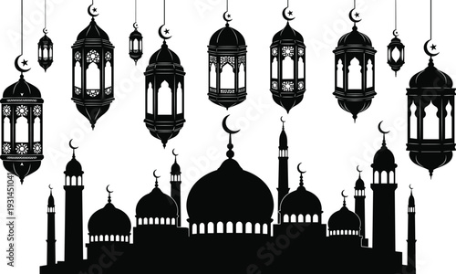 Black and white of mosque with hanging lanterns and crescent moons islamic architecture