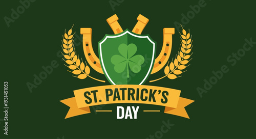 Celebrating St. Patrick's Day with Shamrock Emblem Surrounded by Wheat and Celtic Symbols in Emerald Green
