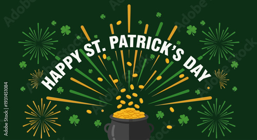 Celebrating St. Patrick's Day with Fireworks and Pot of Gold Illustration