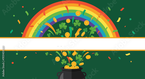 St. Patrick's Day vibrant background showing a rainbow, shamrocks, and a pot of gold spilling coins, perfect for festive banners and good luck messages