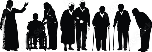 Senior people silhouettes including wheelchair user and walking with cane isolated on white background elderly care vector illustration