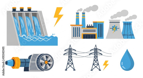 Hydroelectric power generation and industrial energy production illustration.