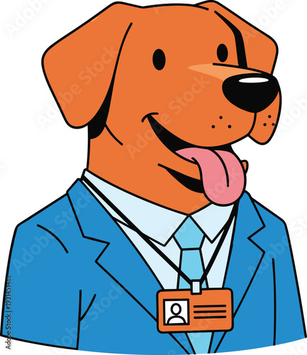 Brown dog wearing blue suit and light blue tie with tongue out and name badge