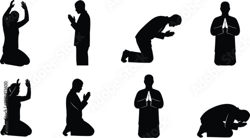Set of praying man silhouettes in kneeling and worship poses isolated on white background spiritual concept vector illustration