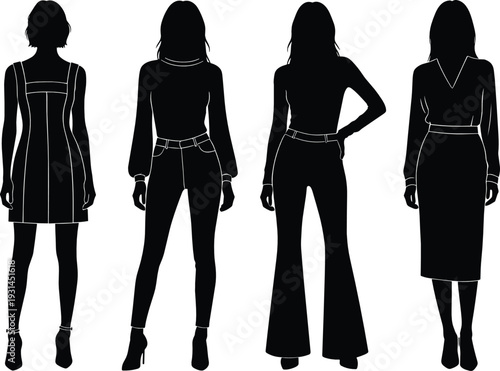 Set of stylish women silhouettes in fashionable outfits isolated on white background modern fashion vector illustration