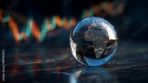 Glass globe reflecting financial stock charts