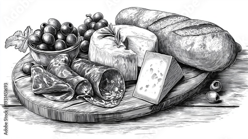 Detailed charcoal sketch of charcuterie board assortment