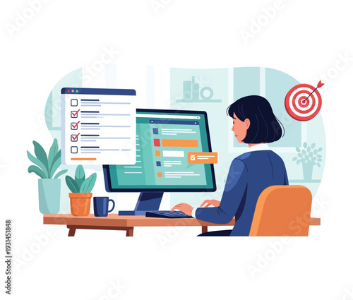 Remote work setup with woman working on computer at home office