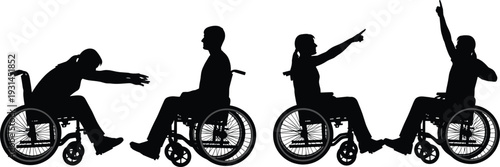 Set of wheelchair user silhouettes in different poses isolated on white background disability and accessibility concept vector