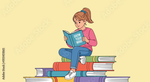 Young Girl Sitting on a Stack of Books Reading a Book Titled Grow Your Mind