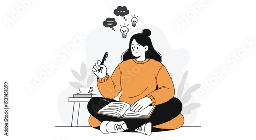 Creative Young Woman Writing in Notebook and Having New Ideas Illustration