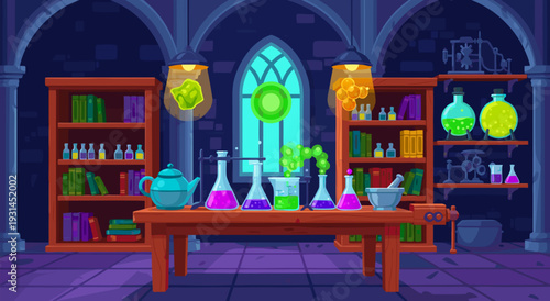 Magical laboratory vector illustration of potions and glassware, a mystical place for experiments