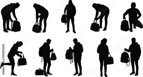 Traveler silhouettes carrying travel bags in different poses isolated on white background tourism vector illustration
