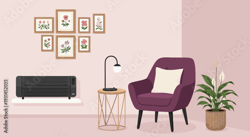 Cozy Living Room Corner with Armchair, Potted Plant, and Wall Art - Vector Illustration
